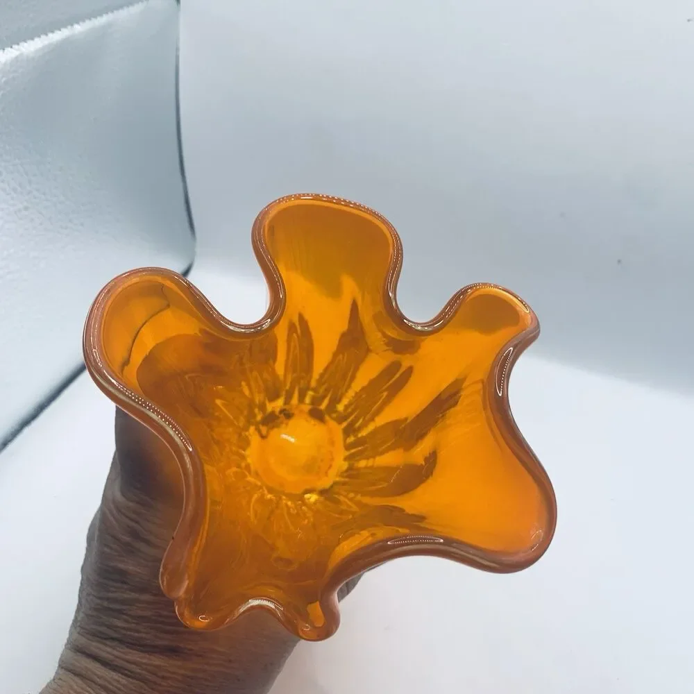 Ruffled Orange Handkerchief Top Blown  Glass Vase 7” Tall!